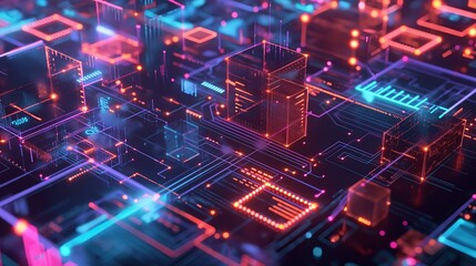 Neon Blue and Red Digital Cityscape on Circuit Board