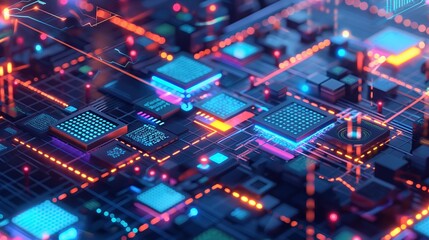 Obraz premium Detailed Visualization of Electronic Circuitry in Neon Blue