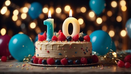 Celebratory cake with number 10 candle, balloons, and decorations for special occasion.