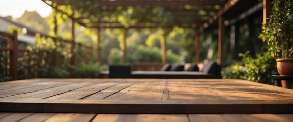 Naklejka premium Luxurious morning garden showcasing exquisite teak wood deck and sophisticated black pergola design.