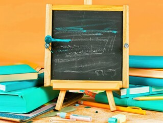 Turquoise school supplies on a basic blackboard with orange backdrop.
