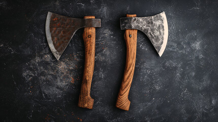 Two vintage wooden-handled axes on dark textured background