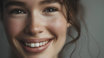 Detailed Portrait of a Young Caucasian Woman with Natural Makeup and Soft Smile Studio Lighting 