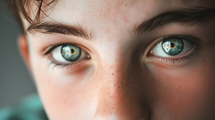 Fototapeta premium Detailed Portrait of a Caucasian Teenager with Bright Eyes and Casual Attire Soft Lighting 