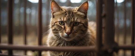 Lonely stray cat in shelter cage abandoned feline behind rusty bars, seeking home and food.