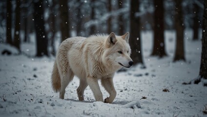 Obraz premium Majestic and graceful white wolf wandering through serene and tranquil snowy wilderness.