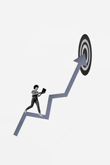 Vertical image collage young persistent girl achieve goal laptop remote worker manager project success dynamic stats charts hit target