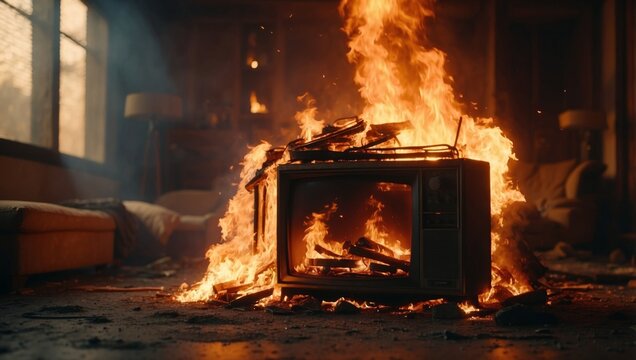 Fiery destruction as a television burns in flames at a home, a catastrophic scene.