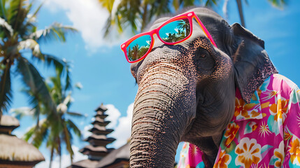 Obraz premium Tourist Elephant in Hawaiian Shirt and Sunglasses Exploring a Landmark 