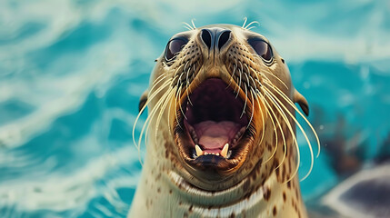 Playful Seal with Popping Head and Jolly Expression Floating in Ocean 