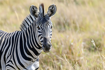 Naklejka premium Jovial Zebra with Playful Expression and Ears Flicking Grazing in Grassland 
