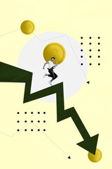 Composite collage picture image of funny man arrow point down abundance crisis inflation bizarre unusual fantasy billboard comics