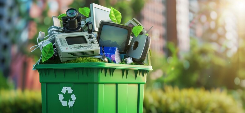 Recycling bin filled with various old electronic devices. The image style is realistic and aimed at representing e-waste management. The purpose is to promote recycling and sustainability
