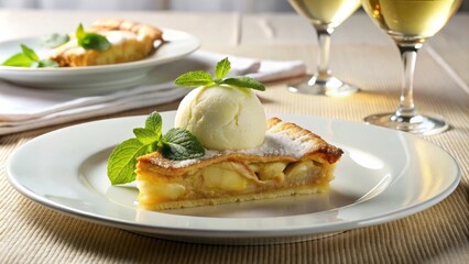 Porci&oacute;n de tarta de manzana con helado de vainilla y menta sobre un plato blanco. Cocina estadounidense elegante.