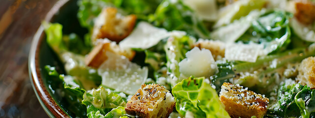 Close-Up of a Classic Caesar Salad with Crisp Romaine and Parmesan Natural Light 