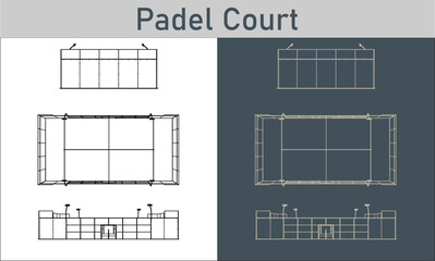 Vector Padel court technical Illustration line art on the blueprint