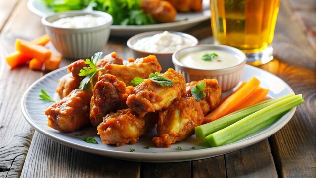 Alitas de pollo de cocina americana en un plato con palitos de apio y zanahoria, servidas con salsa para mojar y una bebida fr&iacute;a. La escena tiene como fondo una mesa en el interior con luz natural.