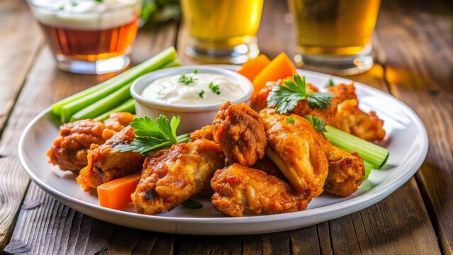 Alitas de pollo fritas de cocina americana servidas con palitos de apio y zanahoria, salsa para mojar y un vaso de cerveza. La escena tiene como fondo una mesa de madera con verduras frescas.
