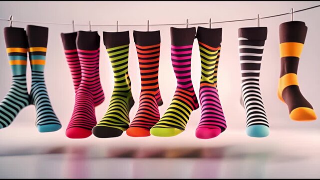 Collection of variety of Bright multi-colored Socks displayed at a counter in row.