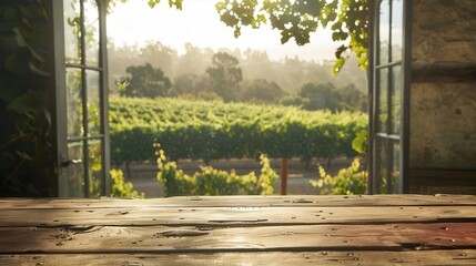 rustic wooden table by an open window framing a picturesque vineyard view soft natural light bathes the scene creating a serene and inviting atmosphere perfect for product placement