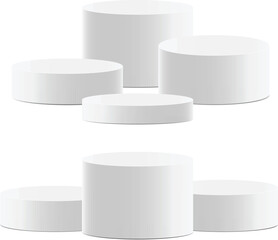 Empty white podium, pedestal and platform, stand stage, cylinder, round empty stages and podium stairs 3d template for product presentation, awards - stock vector