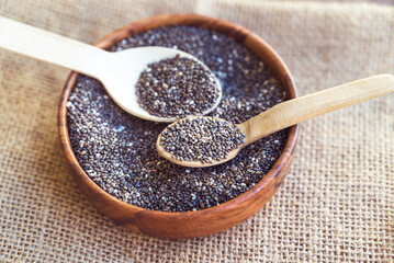 Chia seeds in wooden bowl