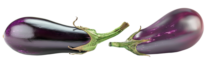 Two fresh eggplants, one with a green stem, lay on a white background. The eggplants are positioned as if they are in a playful dance