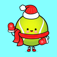 Funny smiling happy Tennis ball and christmas hat. Vector flat cartoon character illustration icon design. Isolated on blue background
