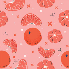 Handdrawn citrus fruit pattern on pink background