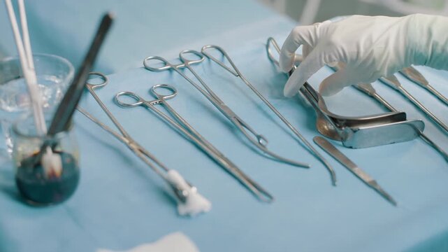 Surgical instruments on a tray in an operating room