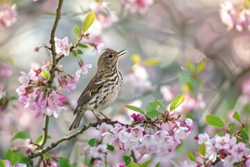 A charming scene of a song thrush singing from the top of a flowering tree.