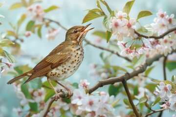 A charming scene of a song thrush singing from the top of a flowering tree.