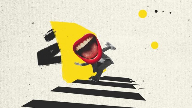 Freestyle. Stop motion, animation. Man in 50s, 60s fashion style clothes headed of female mouth, painted lips rides skateboard isolated on abstract background. Surrealism, creation