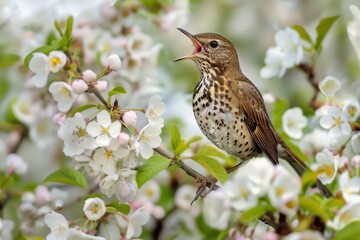 Fototapeta premium A charming scene of a song thrush singing from the top of a flowering tree.