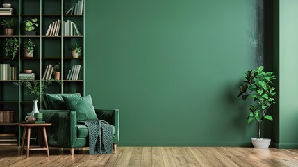 Green sofa and chair against green wall with book shelf. Scandinavian home interior design of modern living room with greenery. 