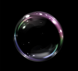 Glowing soap bubbles on black background. 
Colorful soap bubble on black background. 3D soap balloon. Foam, powder, soap, detergent.