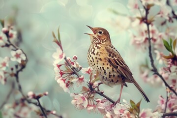 Fototapeta premium A charming scene of a song thrush singing from the top of a flowering tree.