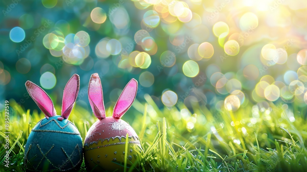 Wall mural Colorful easter eggs with bunny ears on green grass over bokeh background 