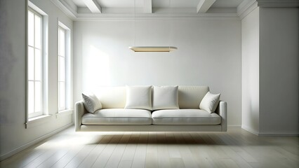 A stark, white room, the walls stripped bare by the relentless force of water, houses a single, forlorn couch, suspended mid-air,