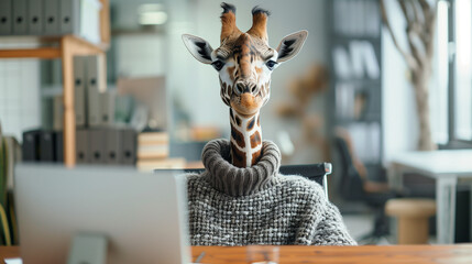 Giraffe in the office at the desk and computer in a gray knitted sweater, fantasy content.