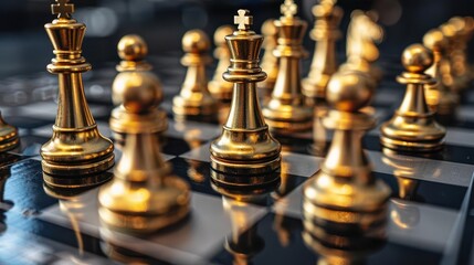 Black chess board with golden cryptocurrency pieces, financial strategy,