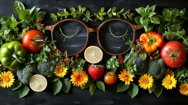 Whimsical vegetable and spice face on chalkboard, creative food concept with friendly smile