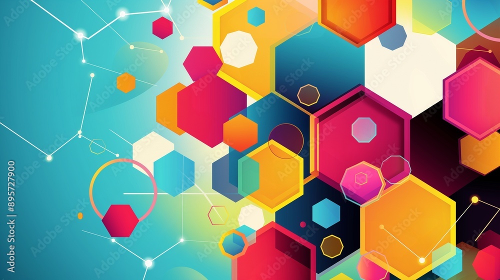 Wall mural a dynamic geometric summer background featuring colorful hexagons and circles in a bold and vibrant 