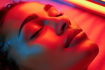 Fototapeta premium A person undergoing LED red light therapy for anti-aging benefits, serene and peaceful expression, professional spa, Portrait half-body, hyper-realistic, high detail, photorealistic, Key Light, Fill
