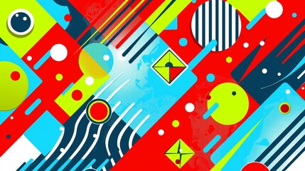 A dynamic summer background with bold geometric shapes such as diamonds, circles, and zigzags in a bright and lively color scheme of red, blue, and green, perfect for summer promotions.