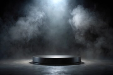 Podium black dark smoke background product platform abstract stage texture fog spotlight. Dark black floor podium dramatic empty night room table concrete wall scene place display studio smoky dust