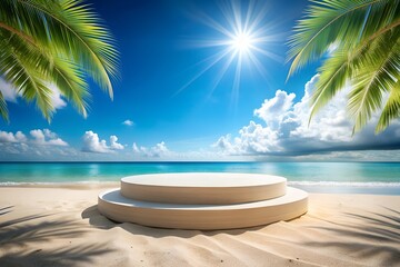 Fototapeta premium Beach podium summer background sand sea display platform. Beach podium summer banner scene sale sky holiday vacation stage water island sun travel pedestal promotion presentation ad.