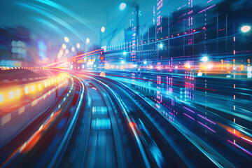 Light trails of railway with fast moving train and digital lines. Futuristic transportation technology