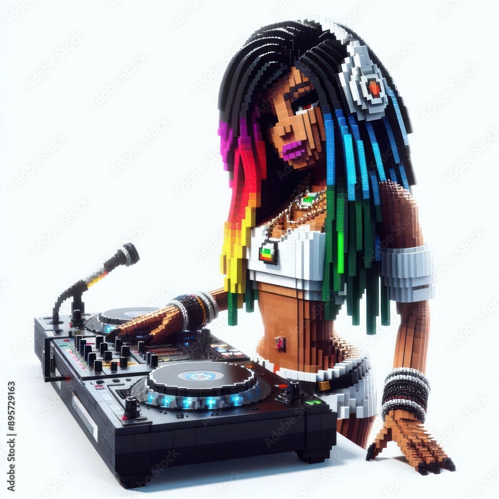 Wall mural Pixel Female DJ woman on International Reggae Day celebration. Ragga Jamaican music. Game DJ raggae