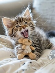 Fluffy Maine Coon Kitten Playfully Wrestling with Stuffed Mouse Toy
